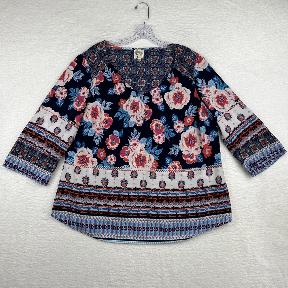 Anthropologie Fig And Flower Floral Geometric Tunic Top 3/4 Sleeve‎ Women's 2X